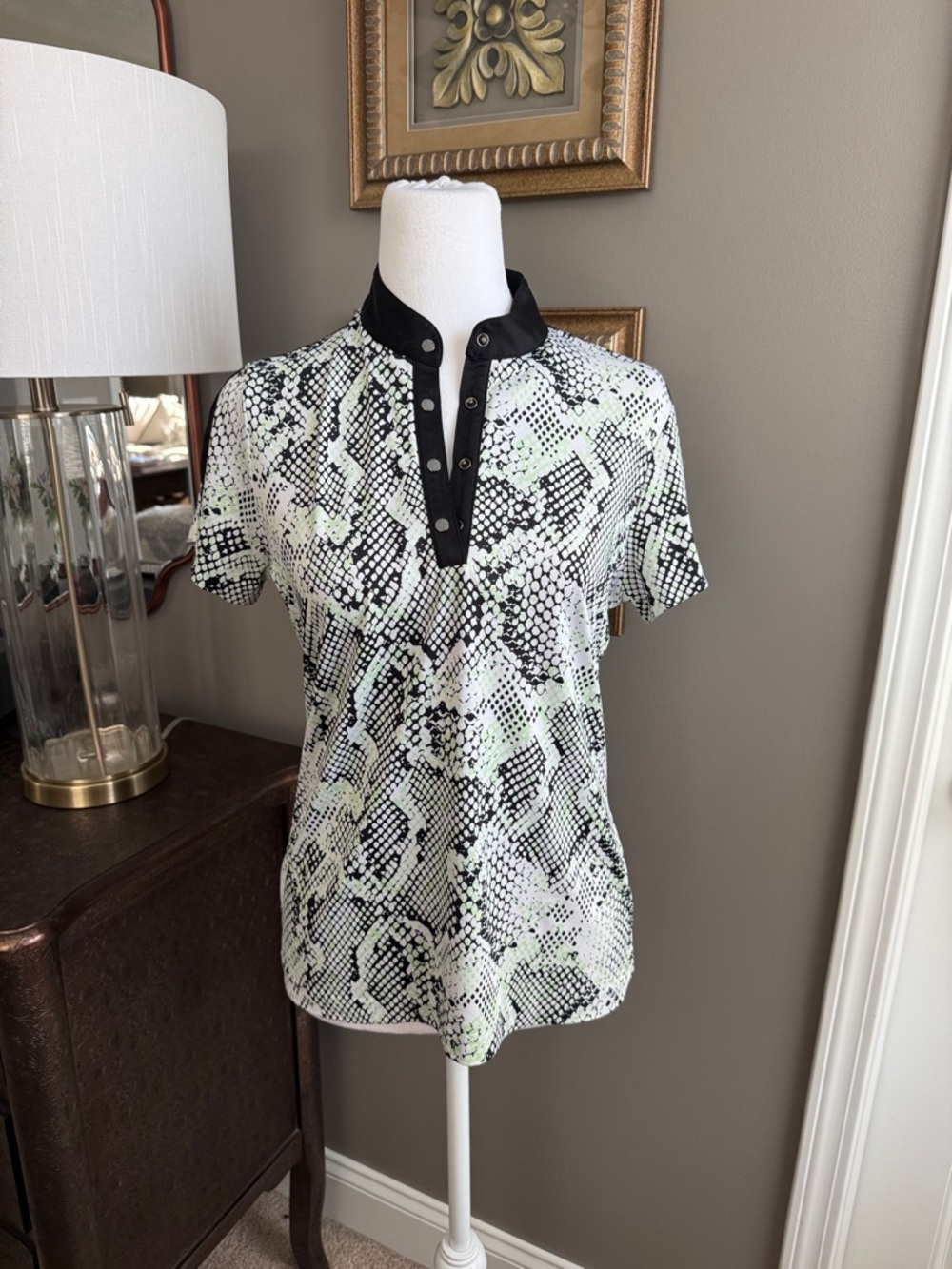 Tail Women's Snake-Print Polo in Pale Green and Black